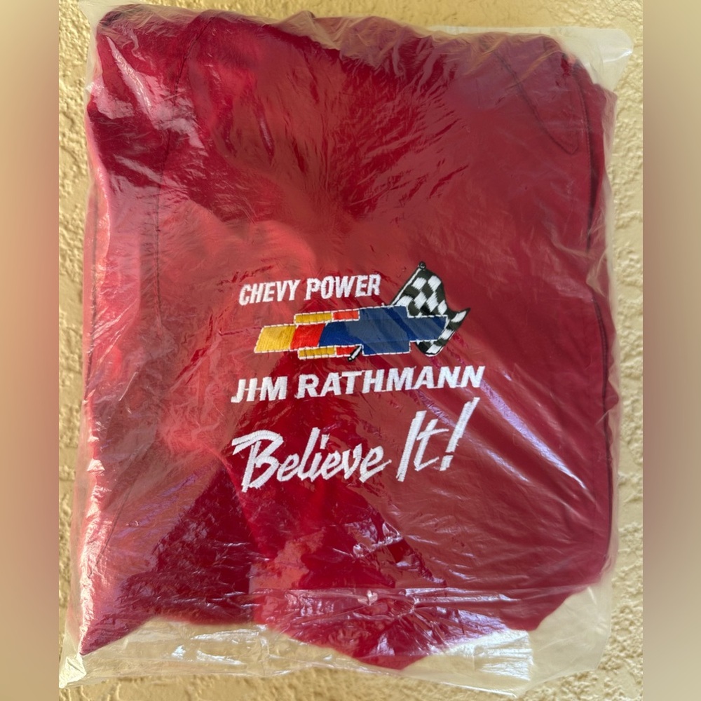 Jim Rathmann Chevrolet VTG Dealer Red Pla-Jac by Dunbrooke Jacket Rare NIP 1990s